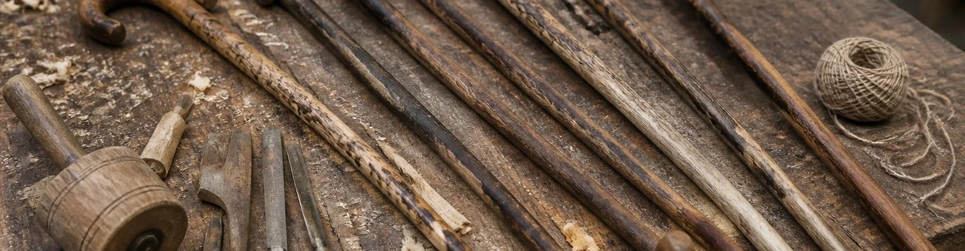 Handcrafted walking sticks and woodworking tools on a rustic workbench