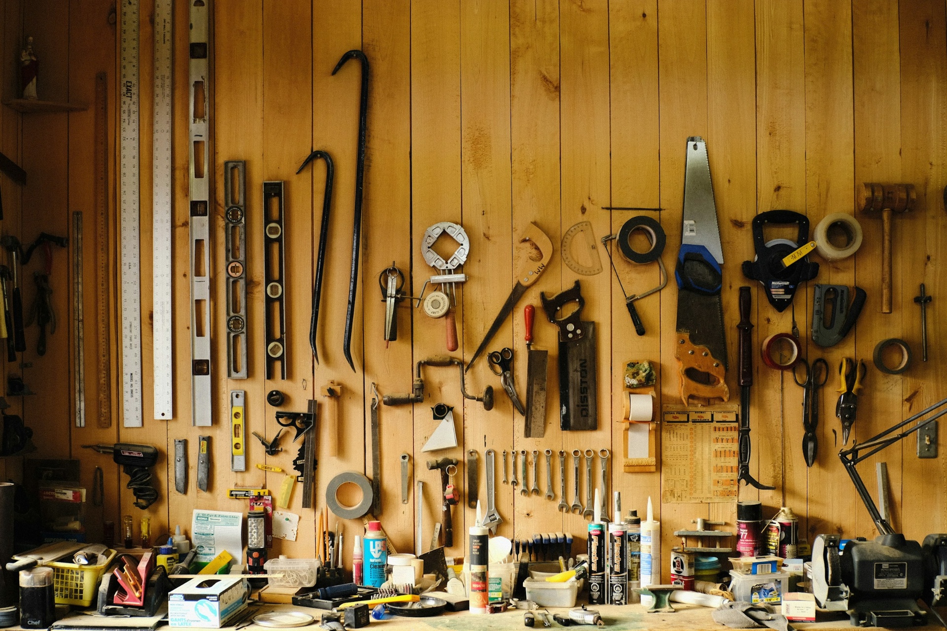 Workshop wall lined with handcrafting tools
