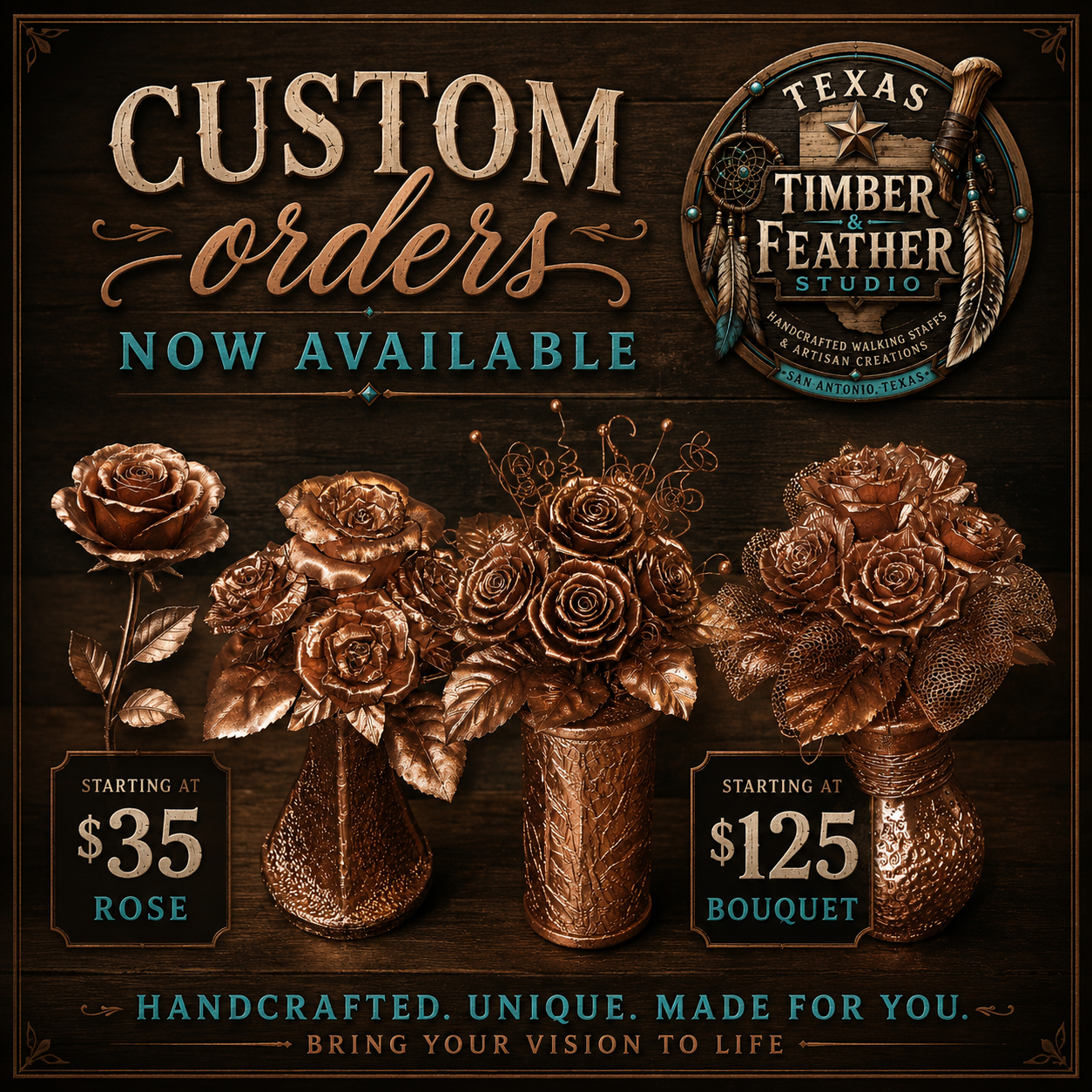 Handcrafted Copper Roses and Bouquets