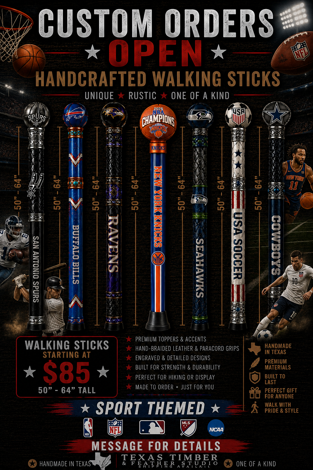 Sports Themed Handcrafted Walking Sticks