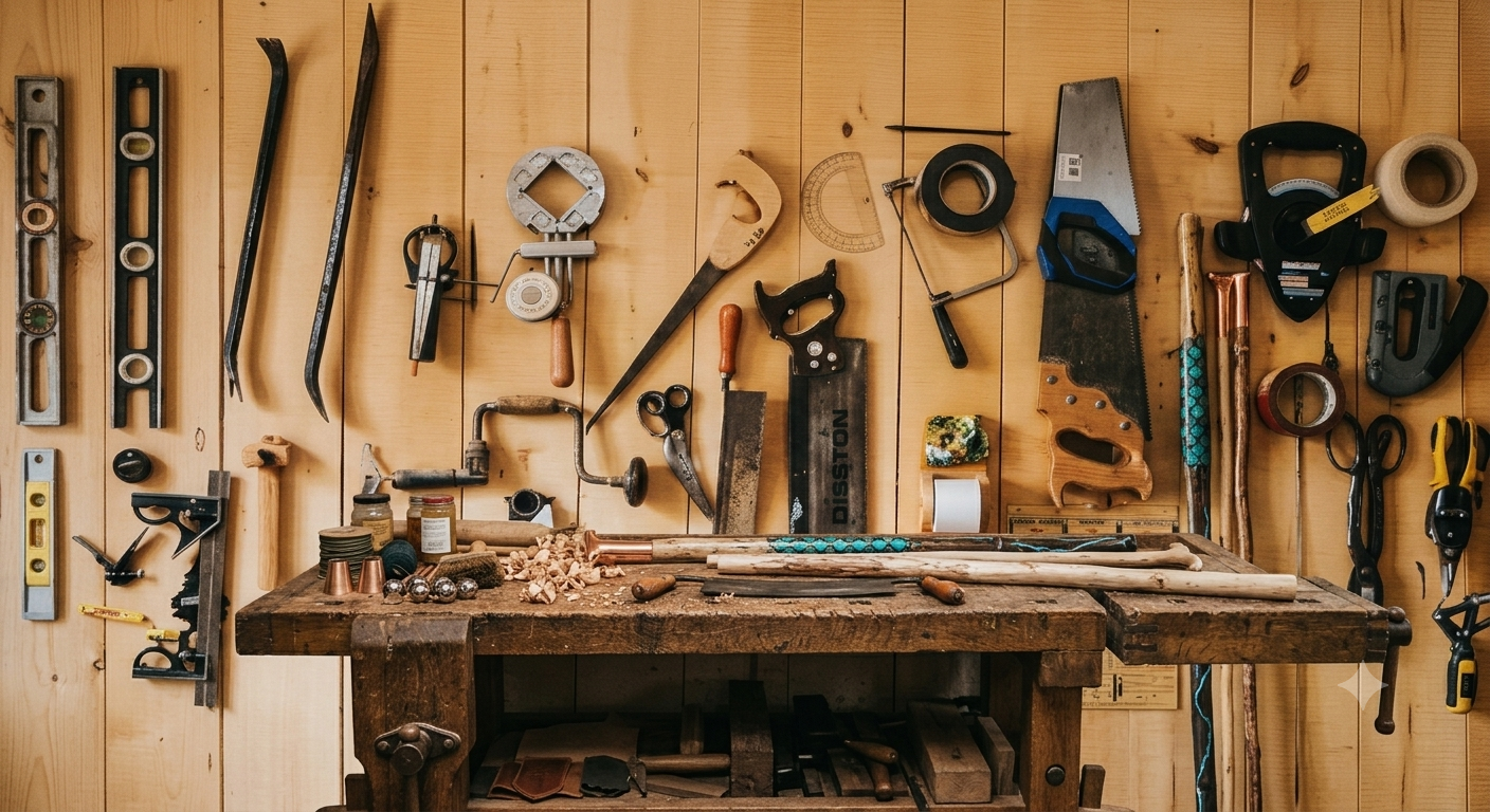Workshop wall lined with handcrafting tools